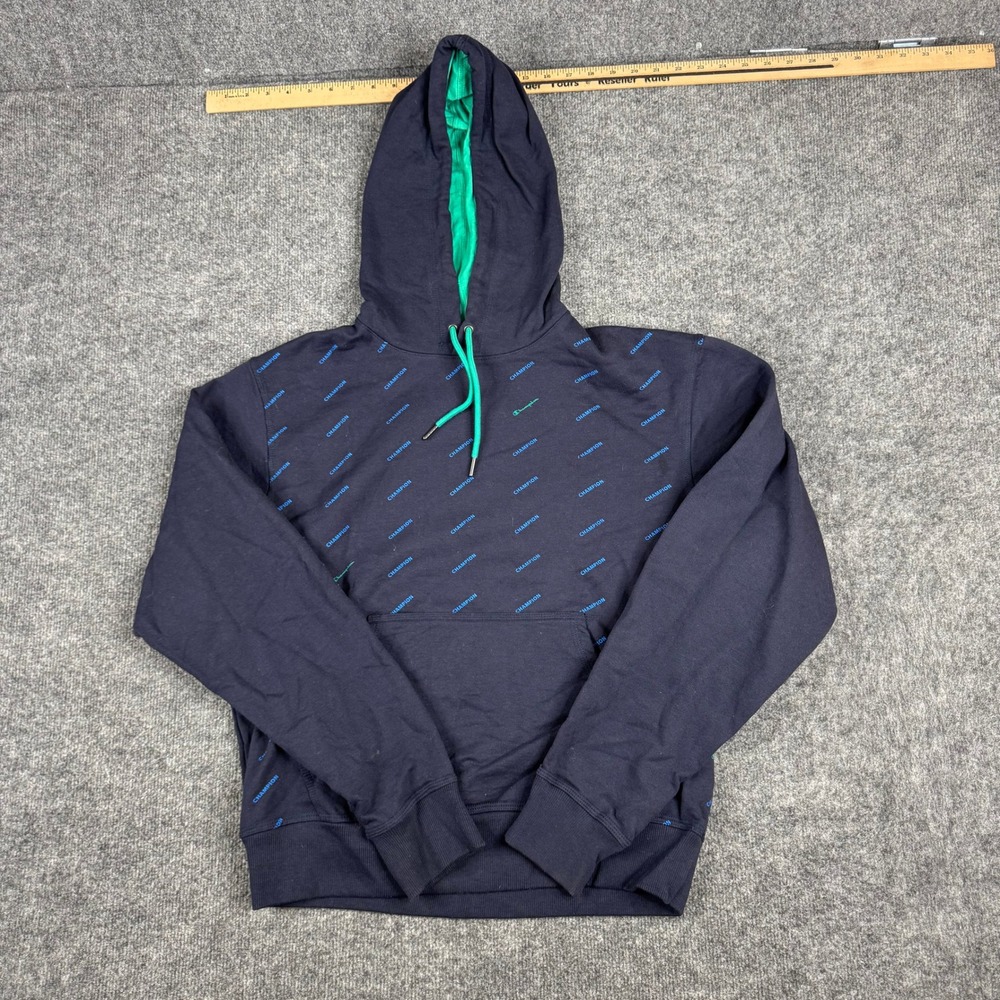 Champion Hoodie Mens Size M Navy Blue All Over Print Green Lined Hood Pullover